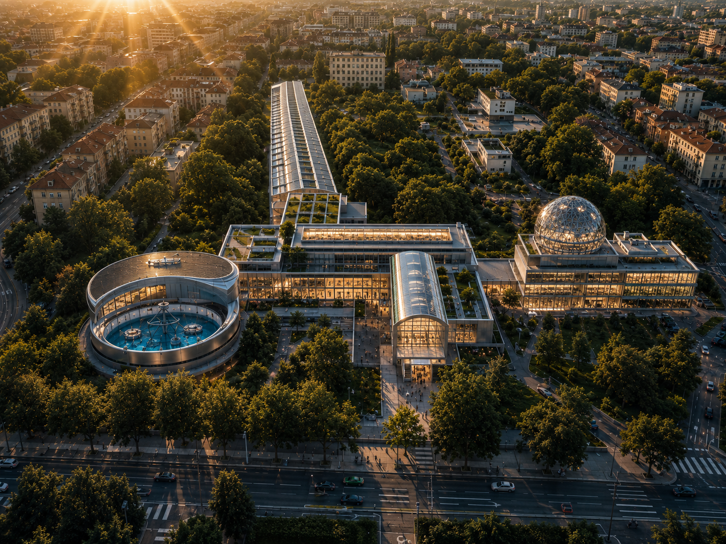 Concept render of MARBLE's headquarters complex in Zagreb after renovation, aerial view at golden hour with the historic domed hall, experimental pool building, and glass laboratories