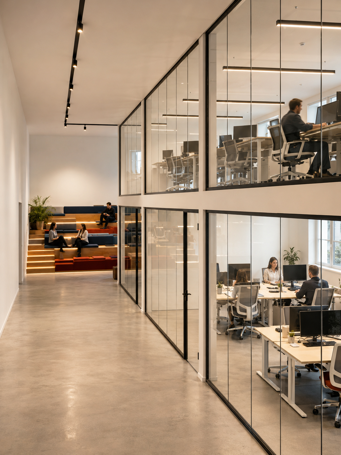 MARBLE mission control room, glass-walled offices over two levels with engineers at workstations and a stepped breakout seating area