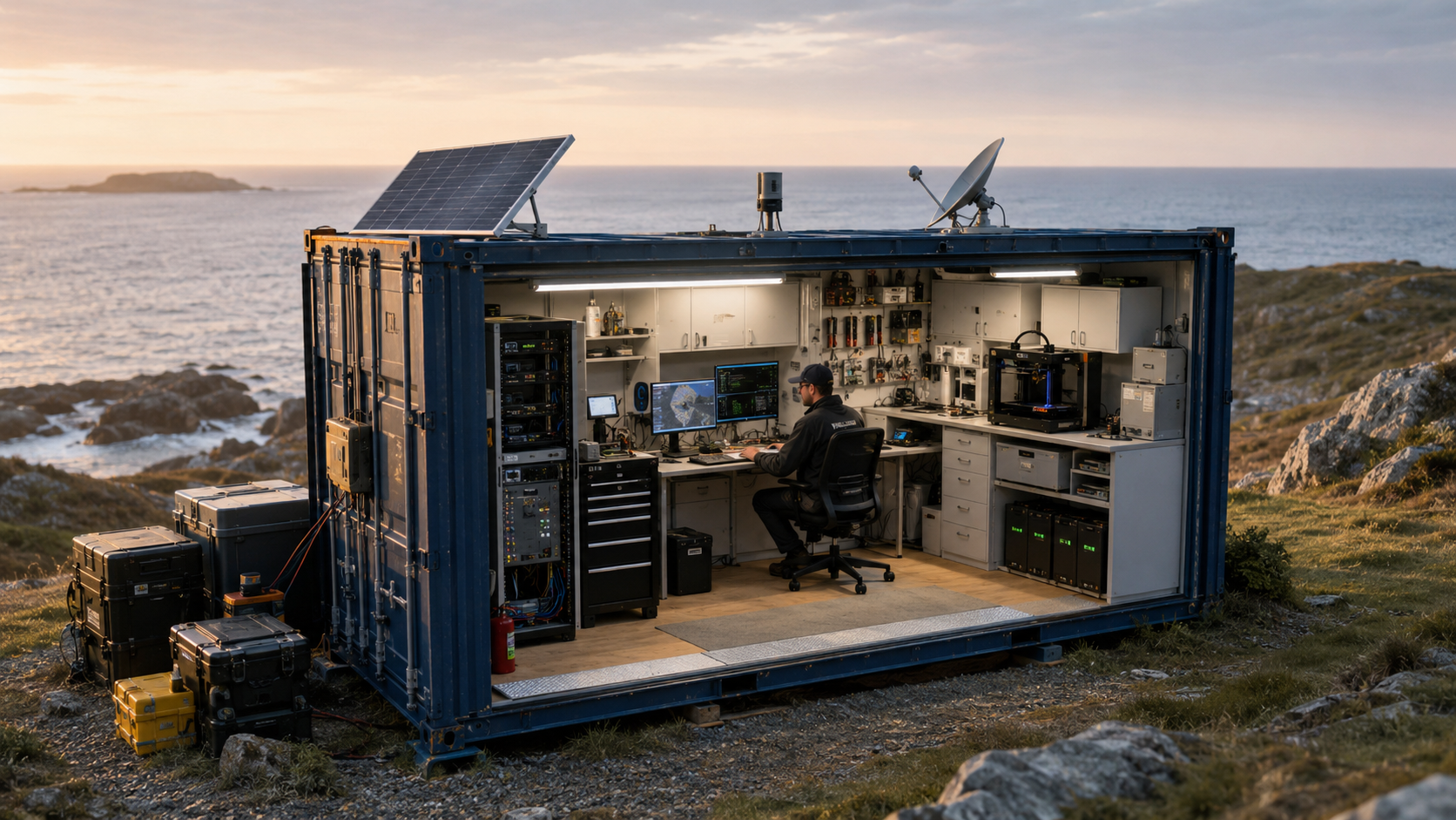 MARBLE mobile laboratory deployed at a remote coastal site at dusk with solar panel, satellite dish, and an engineer at the workstation