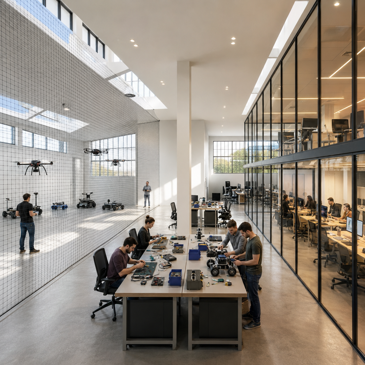 MARBLE hardware prototyping lab with engineers assembling robotics at benches, a netted UAV test bay, and glass-walled offices