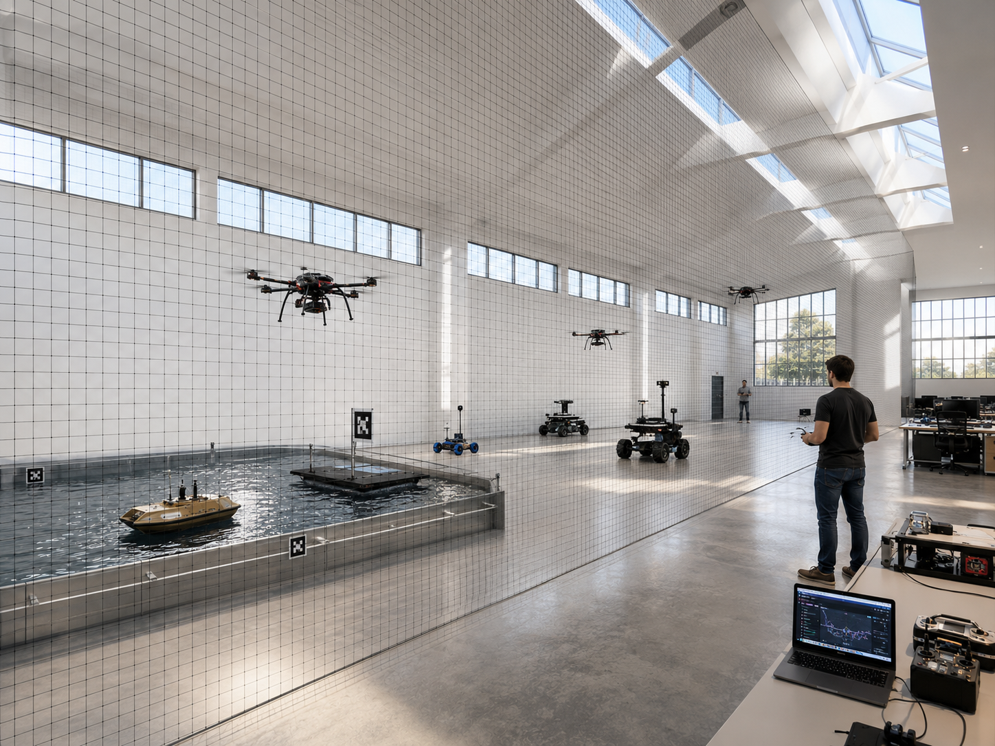 MARBLE UAV test range, a net-enclosed hall with UAVs flying above a test pool, ground robots, and an engineer at a control station