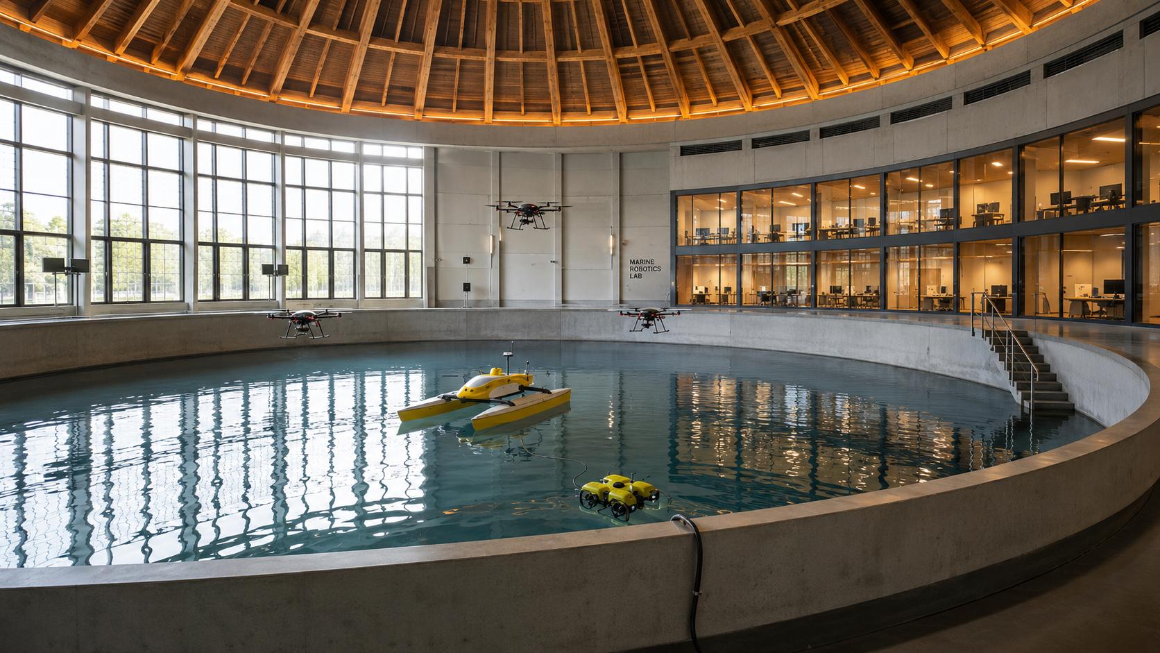 MARBLE underwater basin beneath the historic dome, with surface and underwater vehicles on the circular pool and the Marine Robotics Lab behind glass