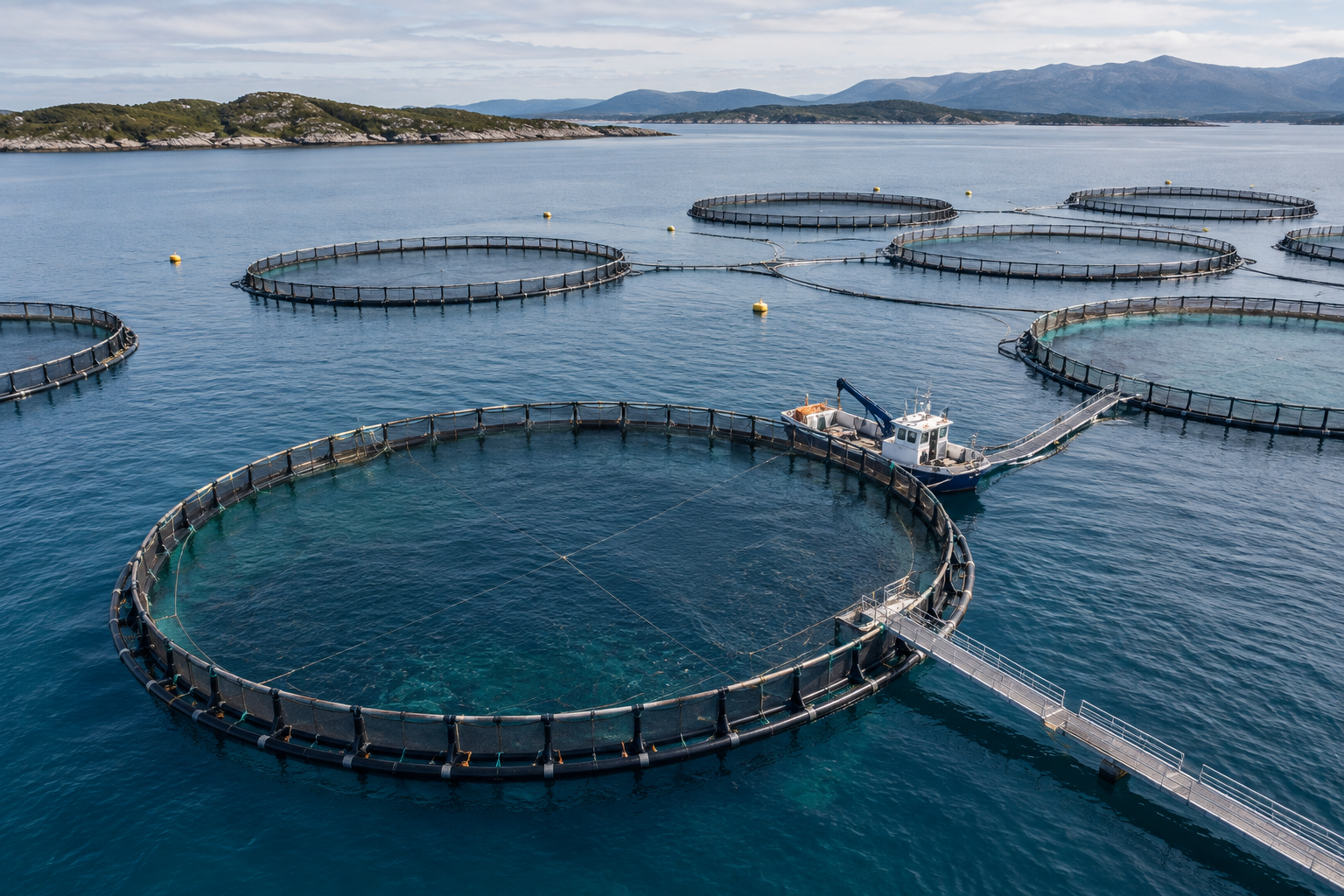 Aerial view of circular net pens at a marine farm, a work boat moored alongside one ring and a walkway running between them