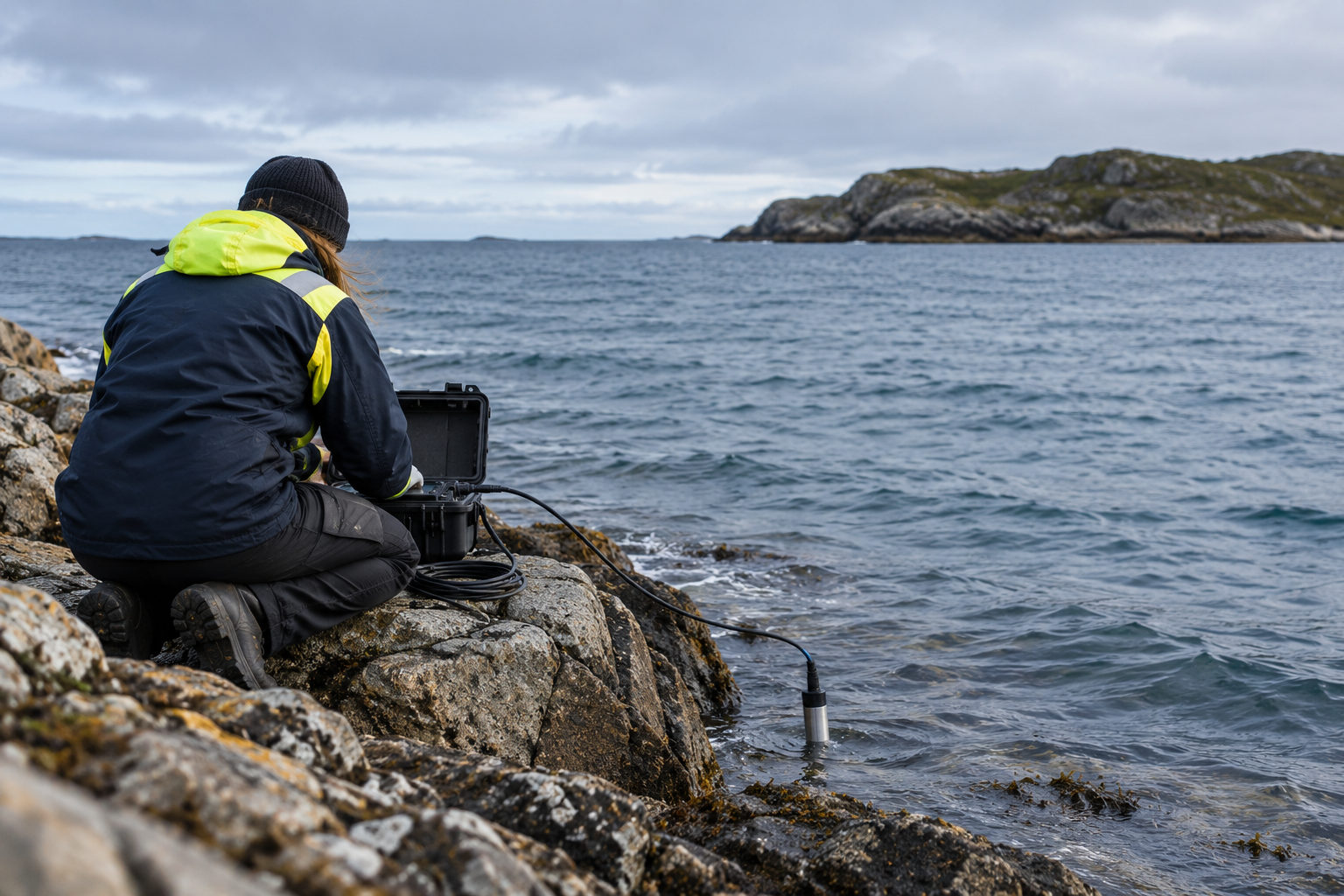 A field technician crouched on a rocky shoreline beside an instrument case, sensor cable running down into the water