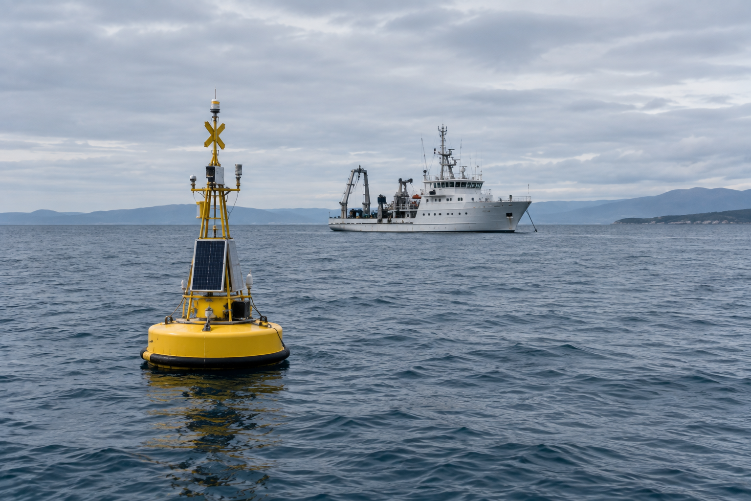 A yellow instrumented monitoring buoy in open water with a white research vessel at anchor beyond it