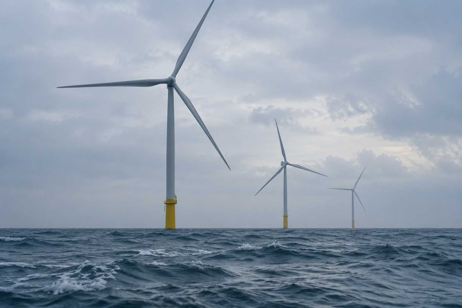 Three offshore wind turbines rising from choppy grey water, seen at sea level under an overcast sky