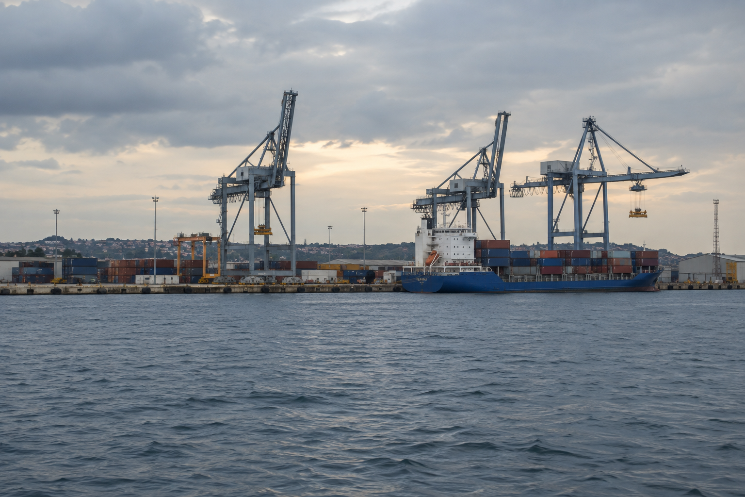 A container terminal seen across the water at dusk, gantry cranes along the quay and a feeder vessel berthed alongside