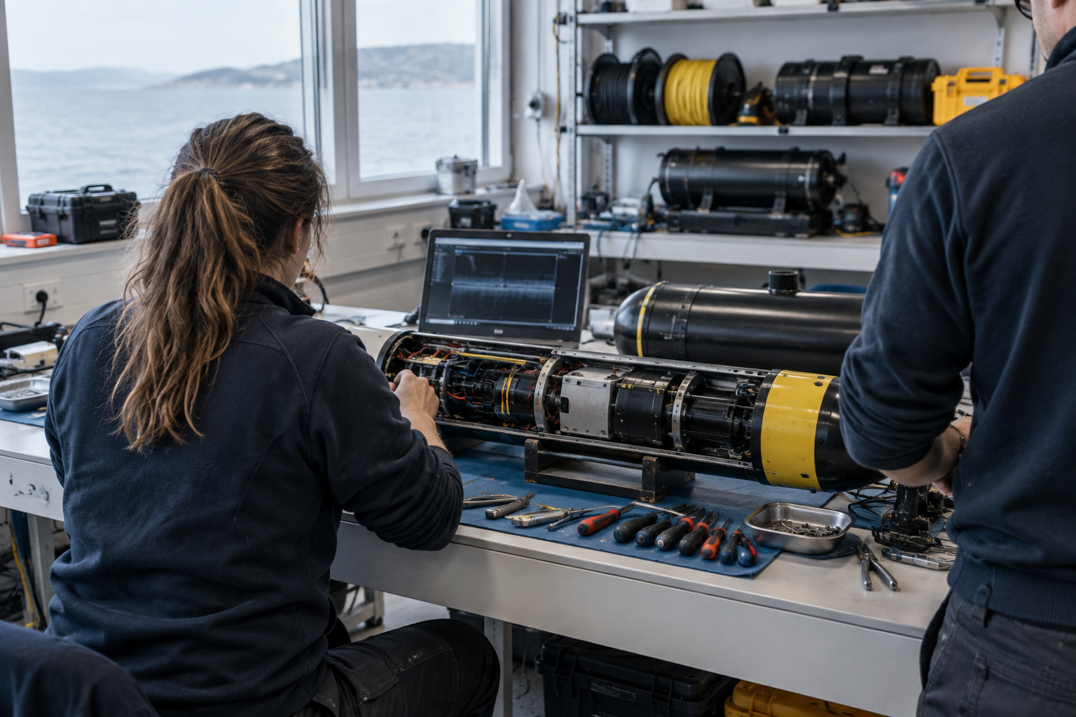 Two engineers working on an opened AUV pressure housing at a marine laboratory bench, tools laid out and spare housings on the shelf behind