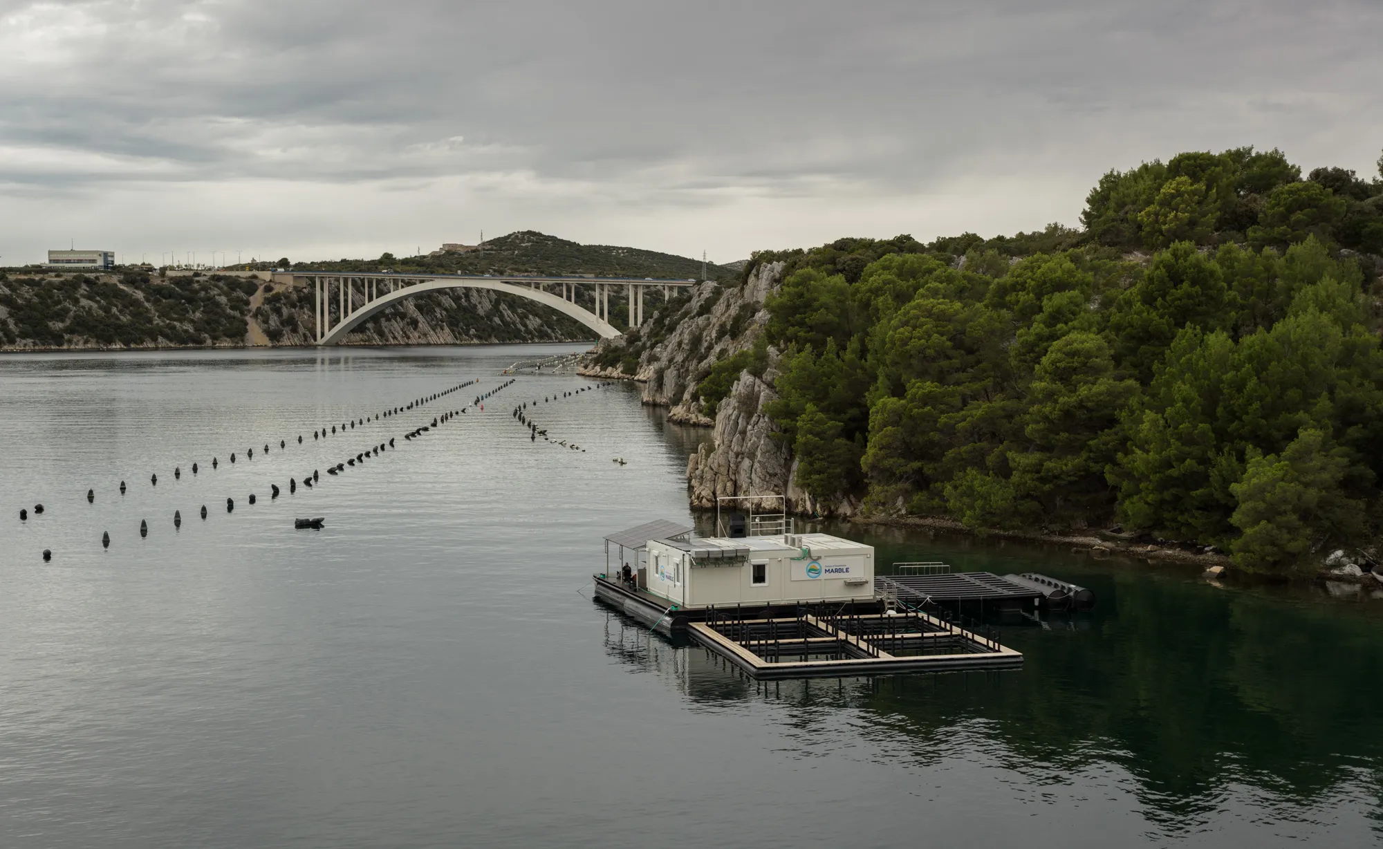 Smart Mussel Farm pilot site, Šibenik, aerial view of the floating mussel farm platform
