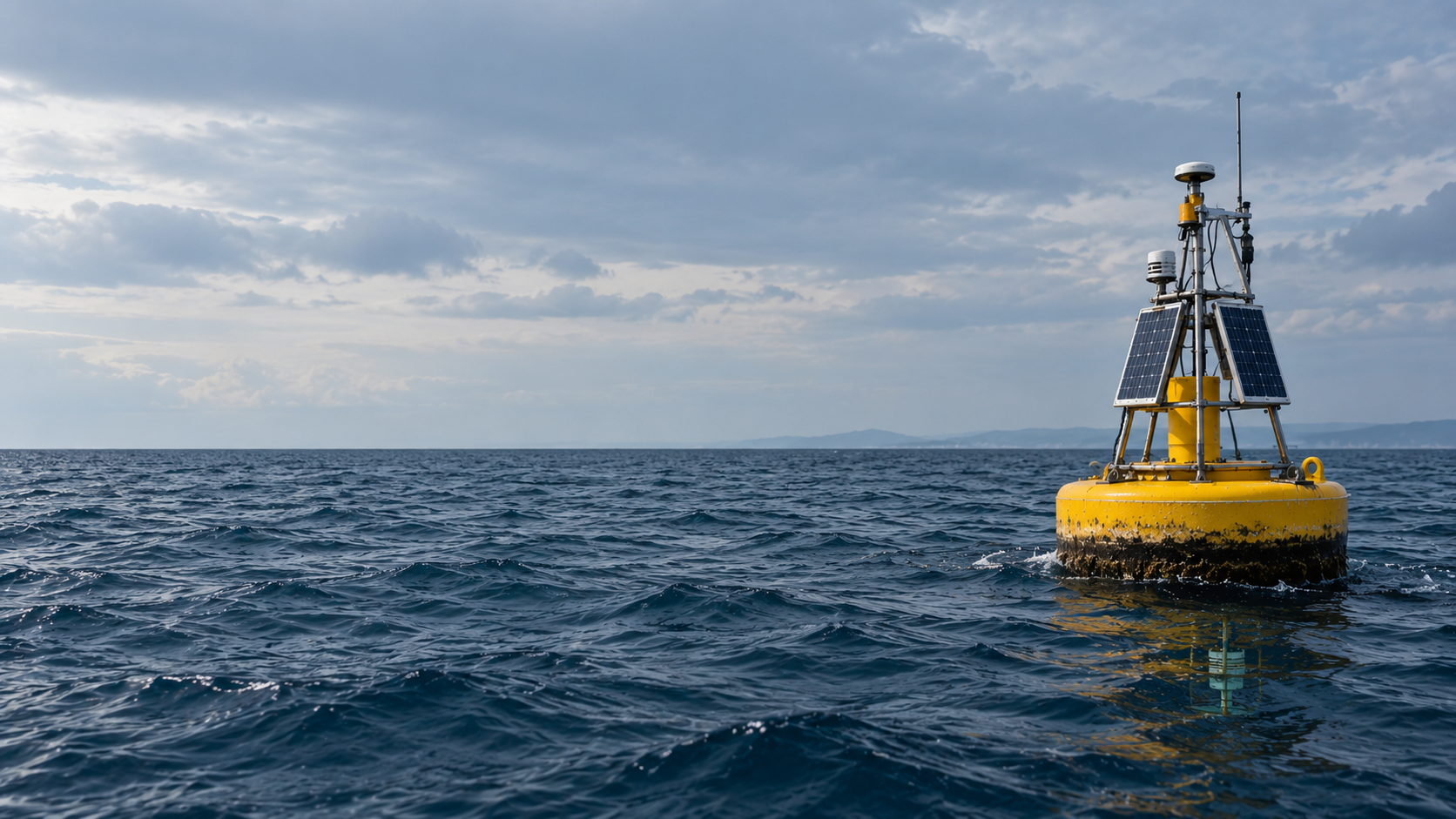 A yellow MARBLE smart buoy moored in open Adriatic water, solar panels and sensor mast above the float