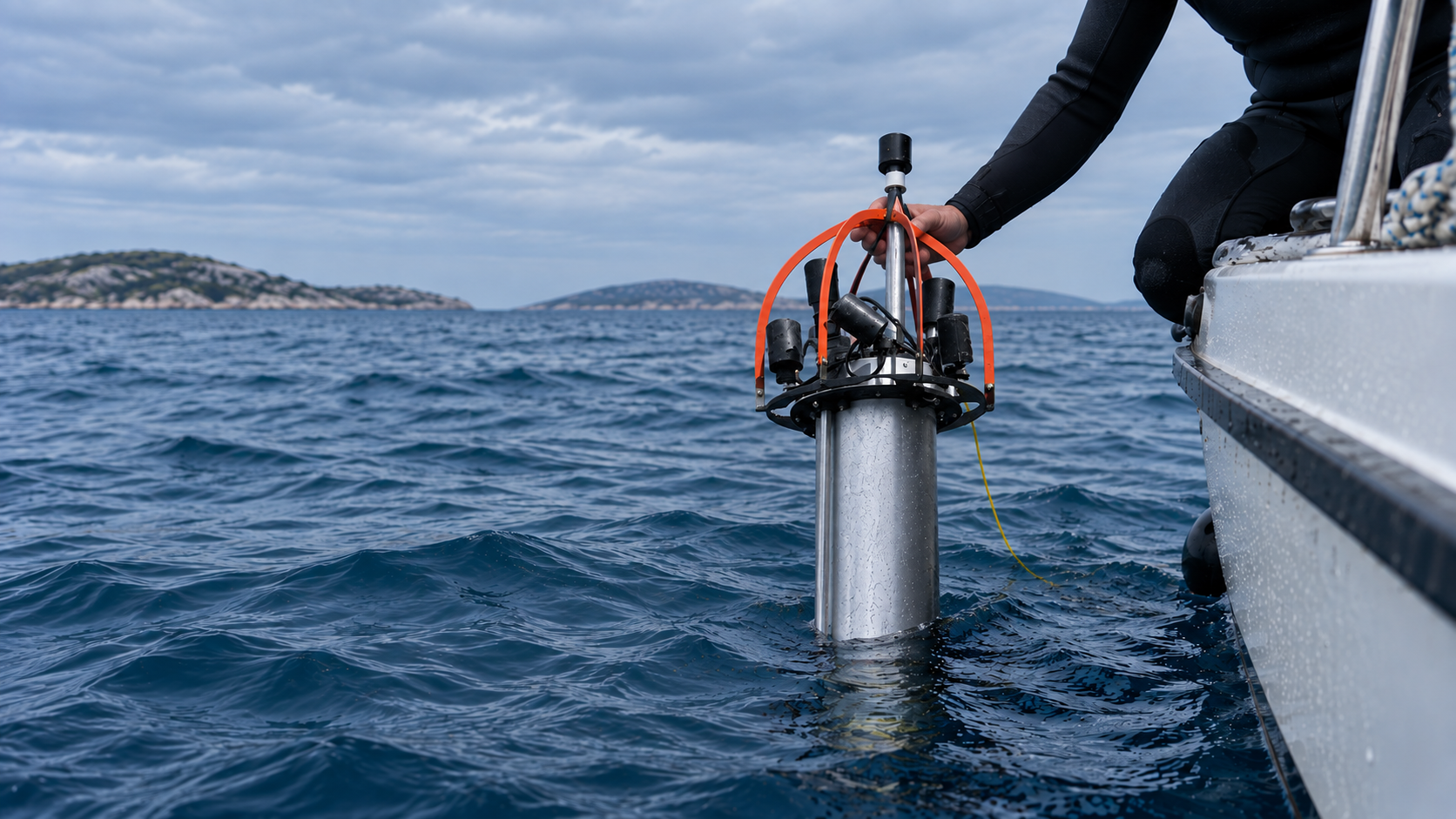 A Hydrocord Floater being lowered into the water from the side of a boat, its orange guard cage and hydrophone array above the pressure tube