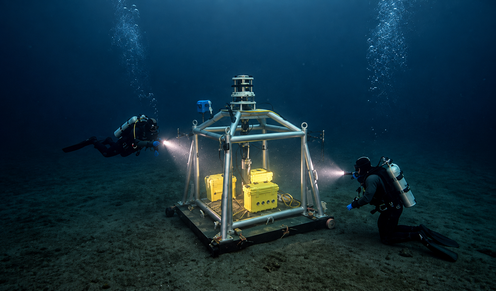 Two divers inspecting a modular underwater node frame on the seabed, yellow instrument housings mounted inside the frame